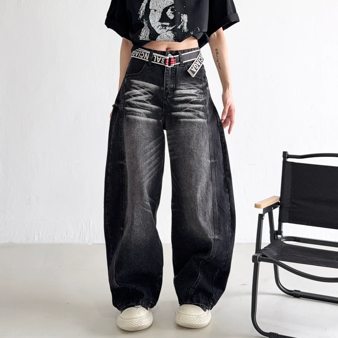 美式高街水洗猫须阔腿弯刀牛仔裤cleanfit拖地感镰刀裤男女同款