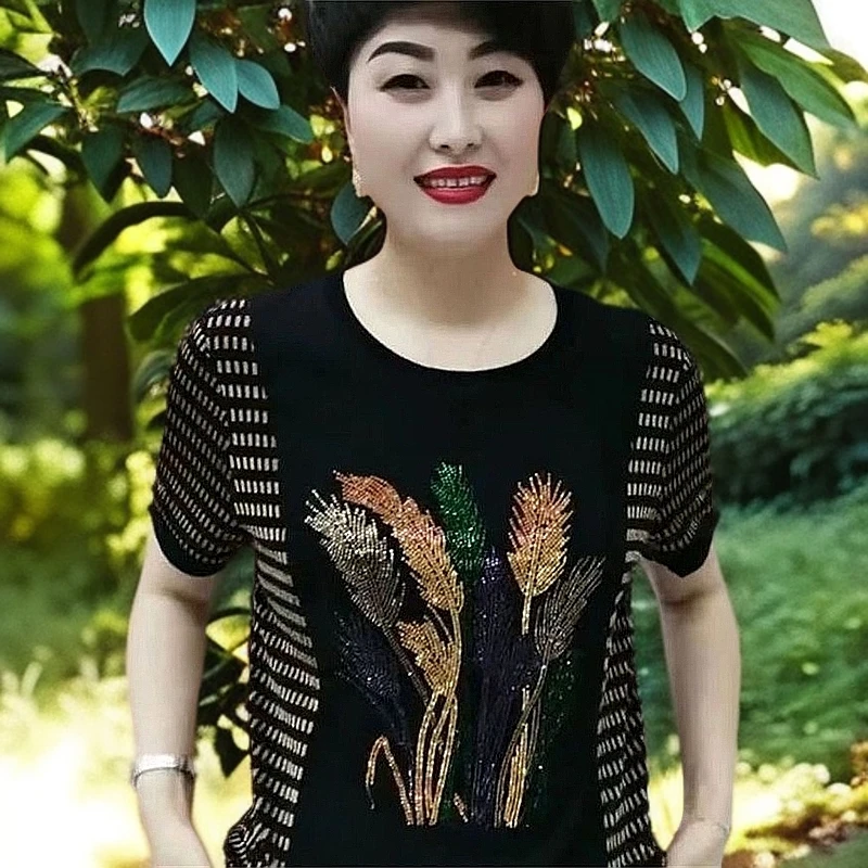 烫钻短袖印花植物花卉宽松型T恤半袖休闲夏装大码气质女士妈妈装