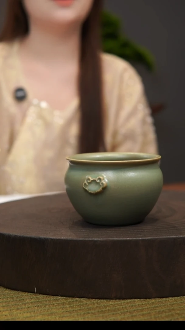 杯如意缸杯  汝州原产地  原矿老釉  带底款