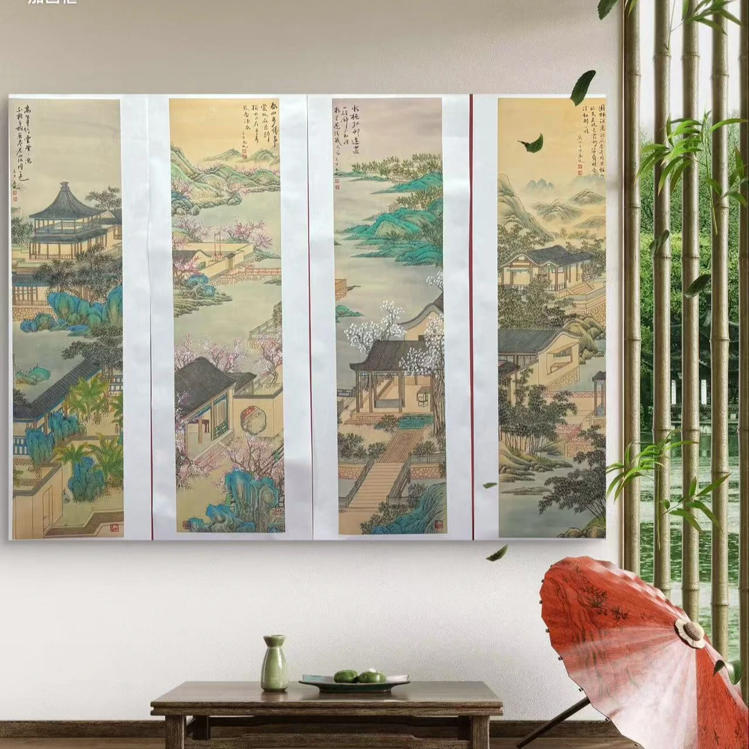 李春现/界画四条屏/138*34cm*4 手绘 纸本