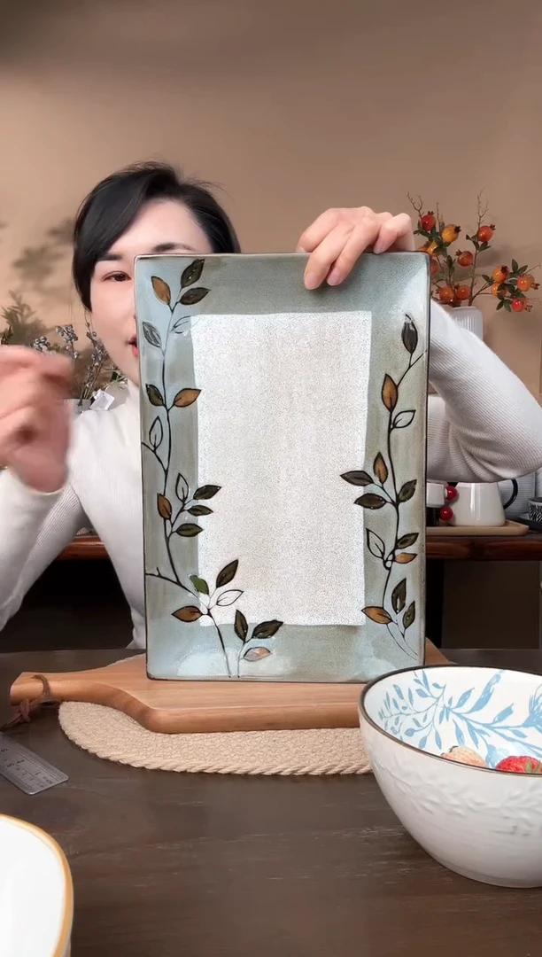 【闪购商品】瓷片14英寸复古做旧手绘寸长方盘微瑕