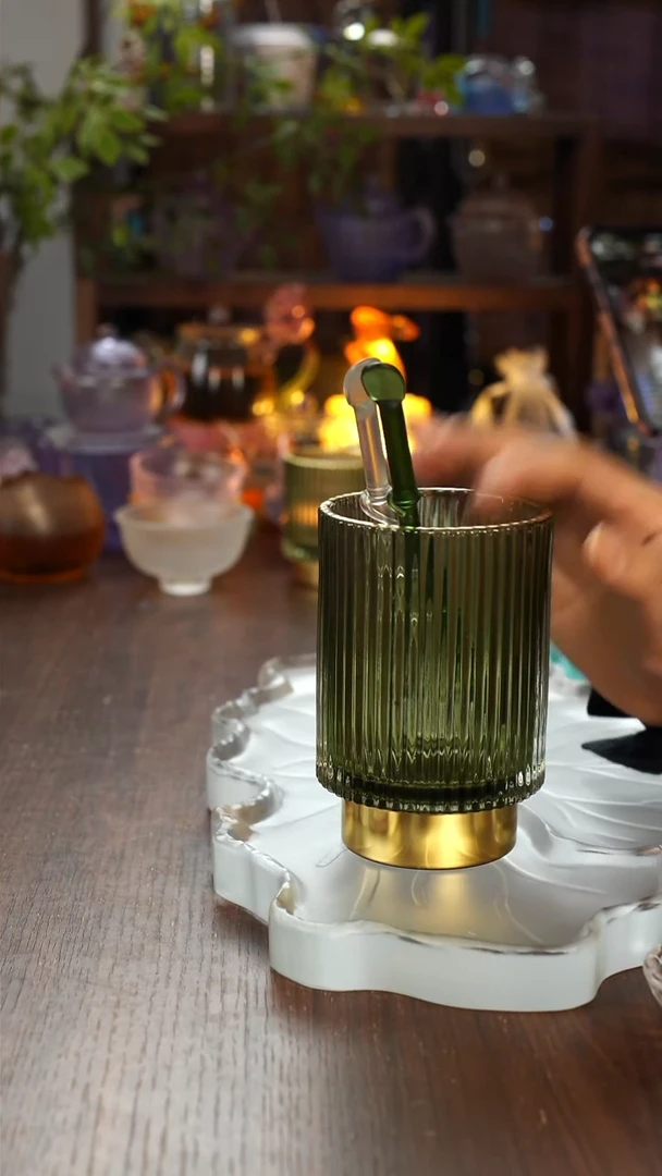 茶桌绿色条纹收纳罐大号