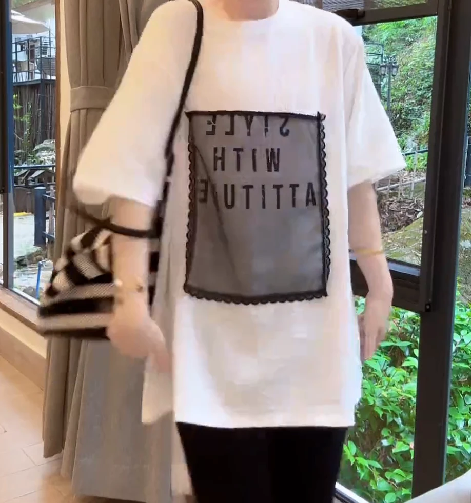 欧货时尚蕾丝花边字母贴网布宽松t恤