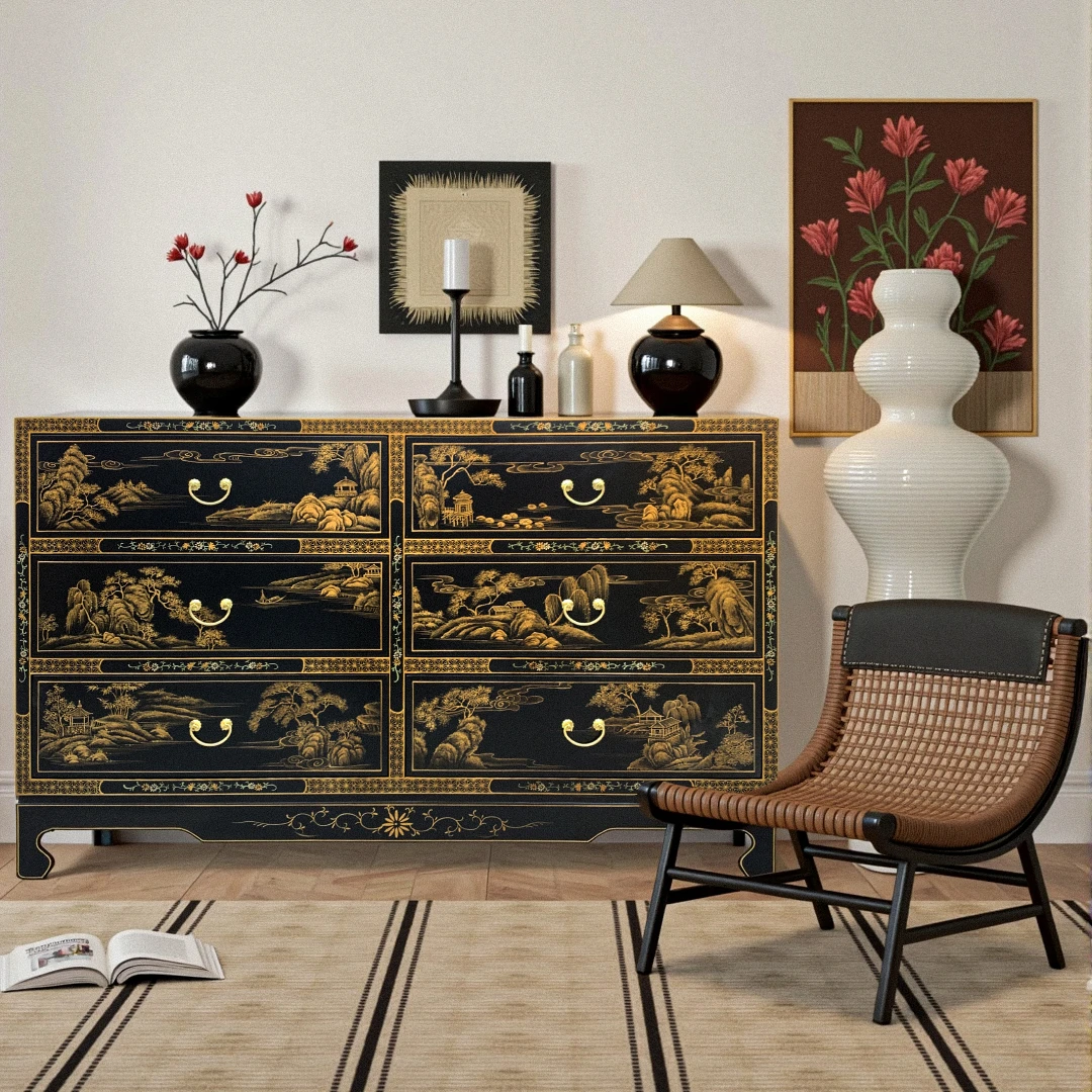 【本尼家】AK419新中式国风彩绘山水斗柜边柜抽屉柜轻奢卧室储物柜