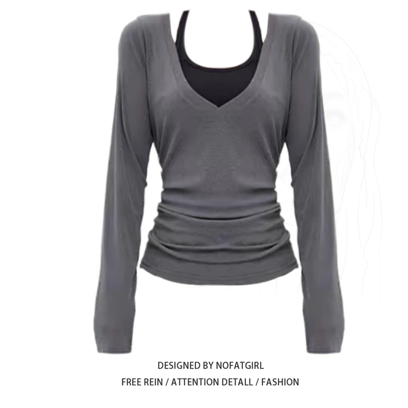 大码胖MM纯欲风撞色V领拼接挂脖假两件长袖T恤女秋季修身显瘦上衣