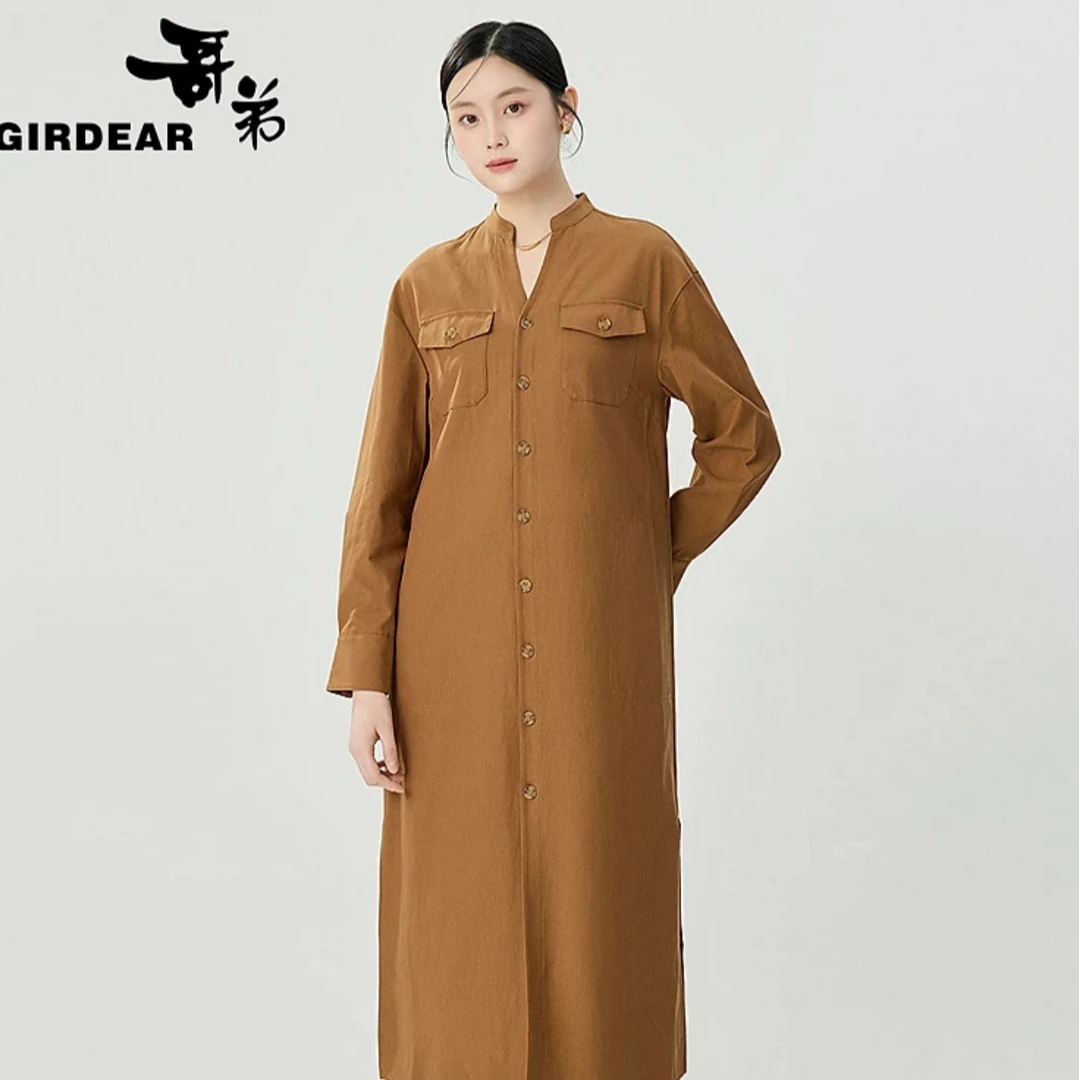 GIRDEAR/哥弟新中式半开V领两穿外套宽松显瘦长款连衣裙150004