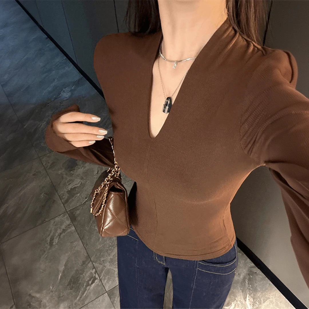 打底衫女早春新款V领洋气百搭修身显瘦T恤纯色螺纹内搭外穿上衣潮