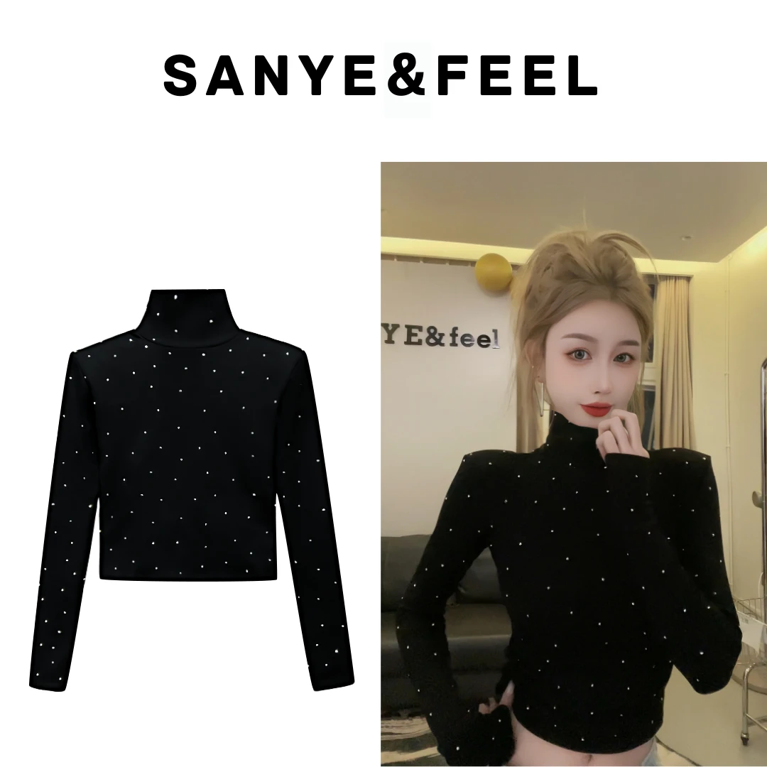 【妍三也】63013秋冬新款加绒加厚重磅点钻高领打底上衣YX