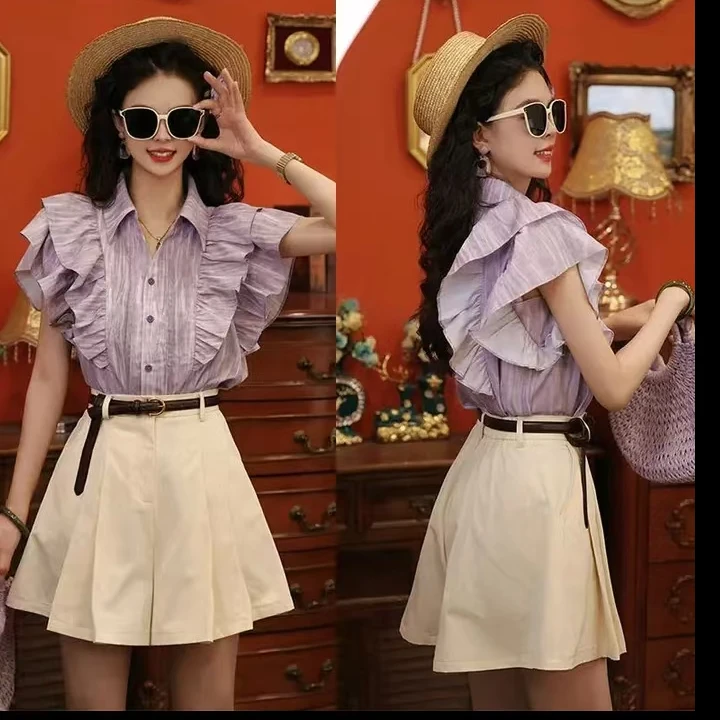 现557#2025新款港风复古飞飞袖减龄衬衣+白色高腰宽松阔腿裤两件