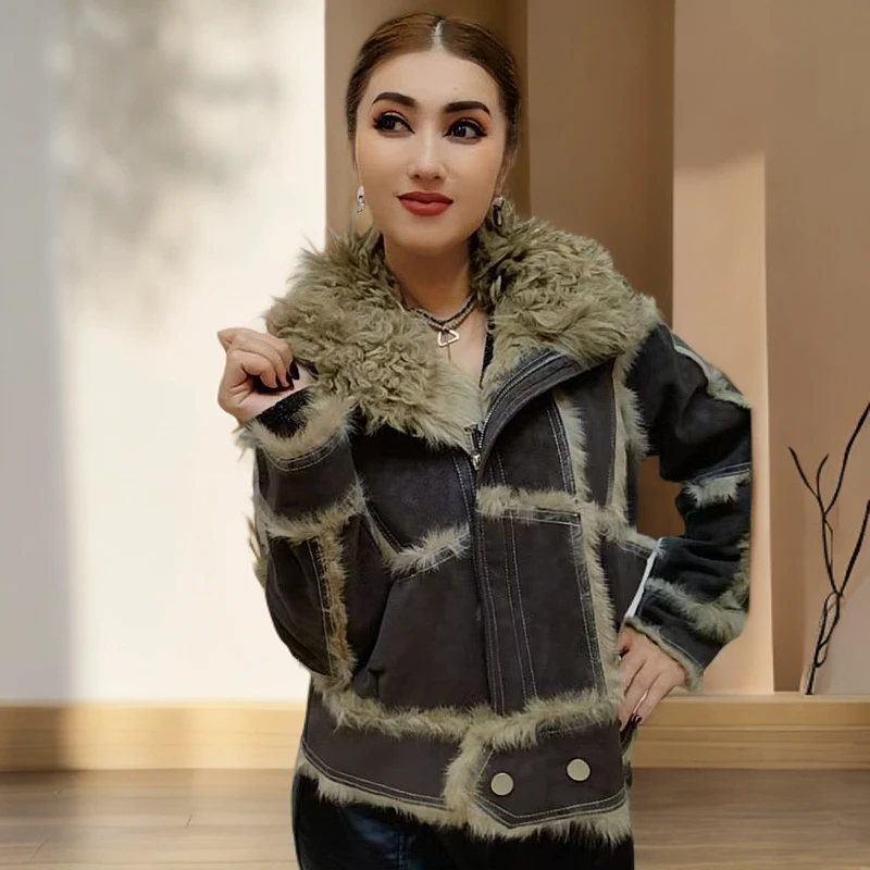 女士毛毛领短款休闲外套