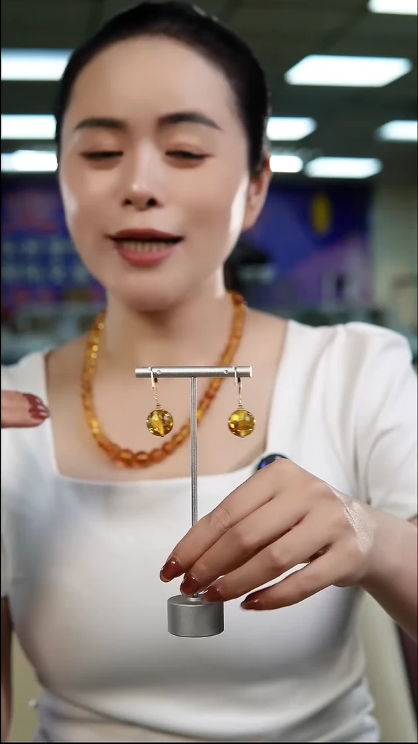 琥珀（花珀）银S925镶嵌耳饰14+