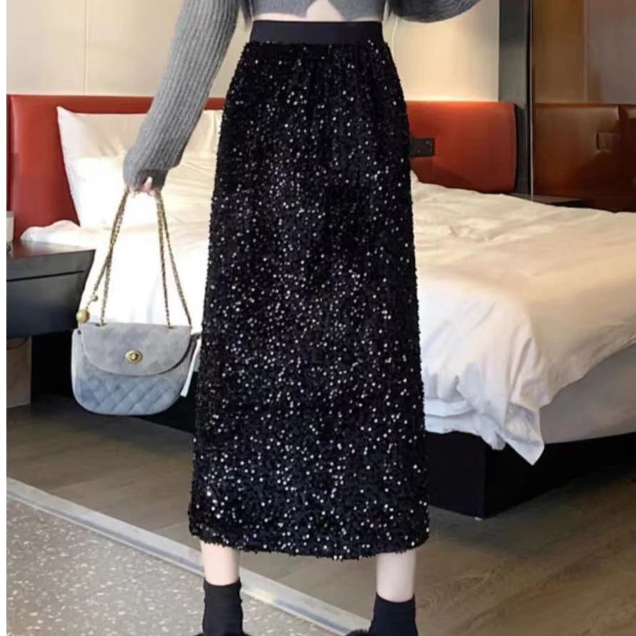 6300丝绒亮片半身裙秋冬新2025包臀裙高腰a字裙亮闪闪半裙