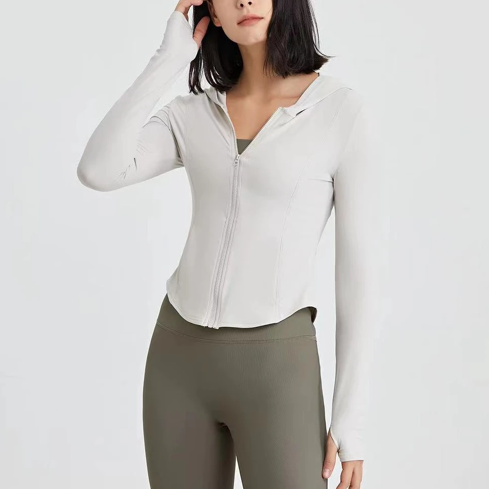 80056健身显瘦运动拉链外套女训练高弹紧身跑步上衣连帽瑜伽服