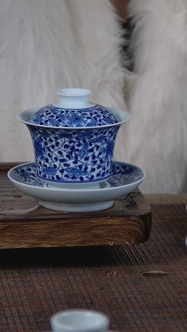 【闪购商品】折葵非器手工手绘缠枝凤尾马蹄三才盖碗