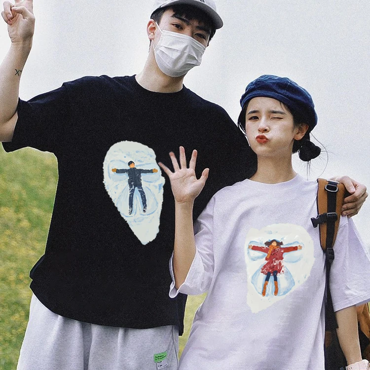 风筝小人插画情侣装短袖t恤2025新款夏季高级感超火宽松半袖上衣