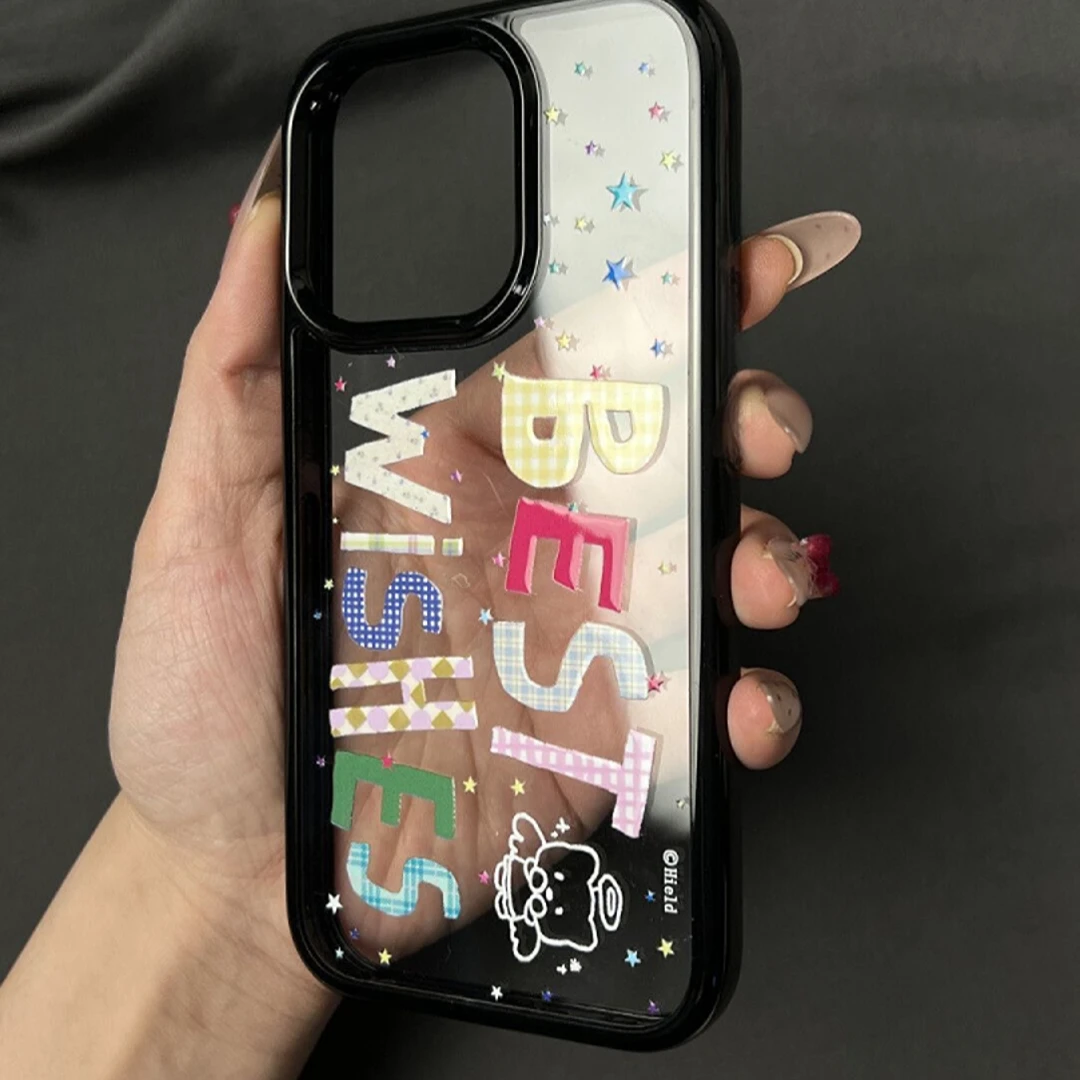 韩系ins黑边彩色星星格纹字母适用于苹果16plus手机壳15pro可爱14