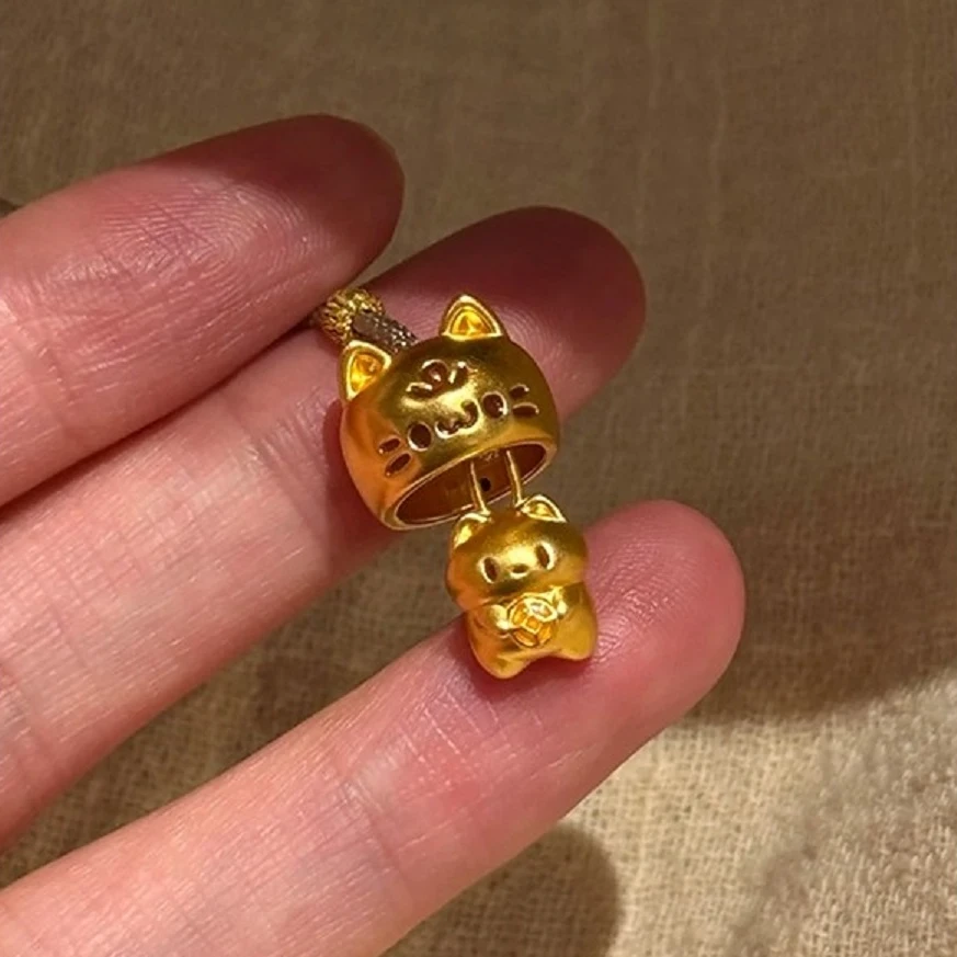 铜合金吊坠 金色躲猫猫铃铛吊坠项链女可爱瞄瞄套棕绳编织毛衣链