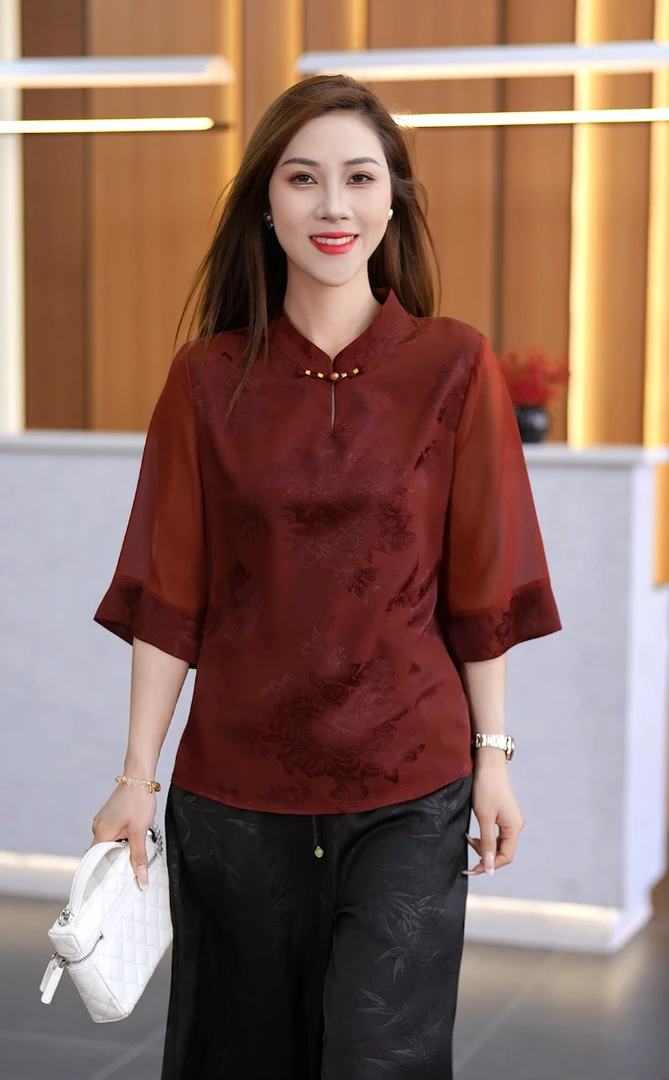《高档真丝妈妈装》2025夏季通勤新中式百搭宽松显瘦时尚休闲气质