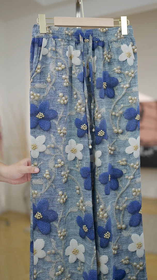 初春梅|夏季经典大气国潮印花复古新中式透气百搭阔腿裤KZ0122