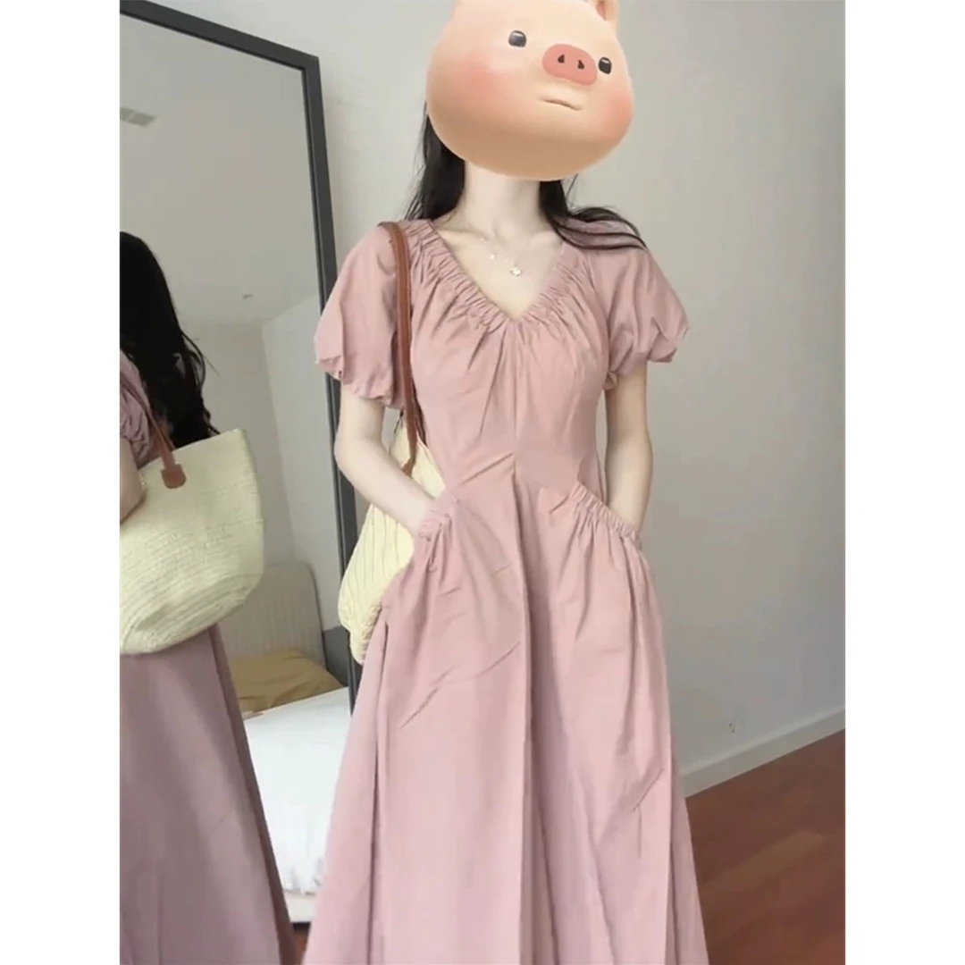 法式茶歇绝美粉色V领泡泡袖连衣裙女夏季气质收腰长裙6947