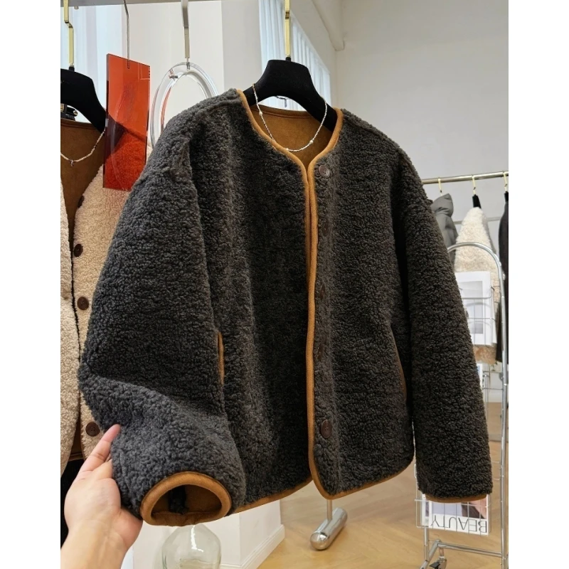 韩系高级感休闲圆领短款毛茸茸外套女秋冬季巨好看仿皮草皮毛一体