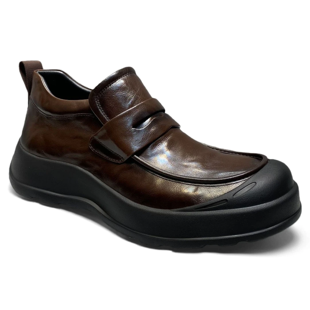 高帮休闲男鞋头层牛皮一脚蹬秋冬新款厚底增高时尚切尔西马丁靴男