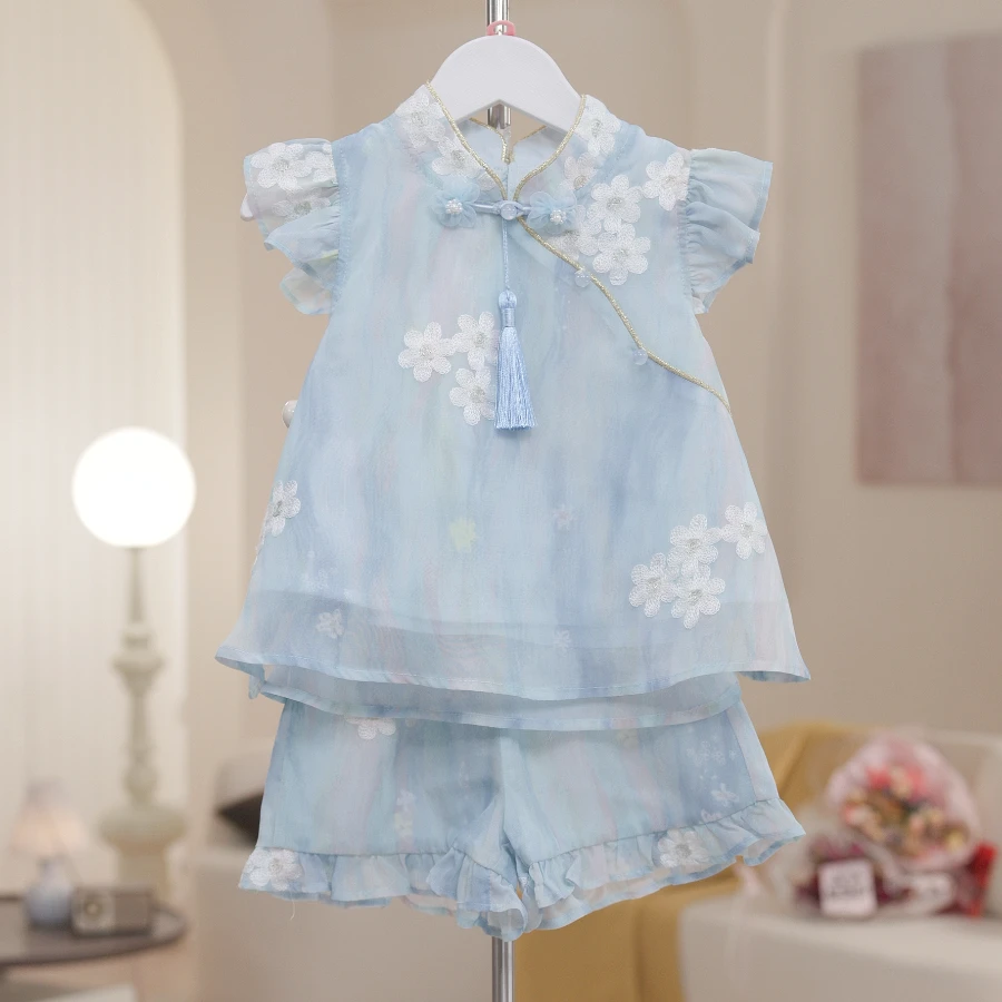 【芳渺云】女孩薄款夏季旗袍套装复古提花童装女童国风两件套S17301