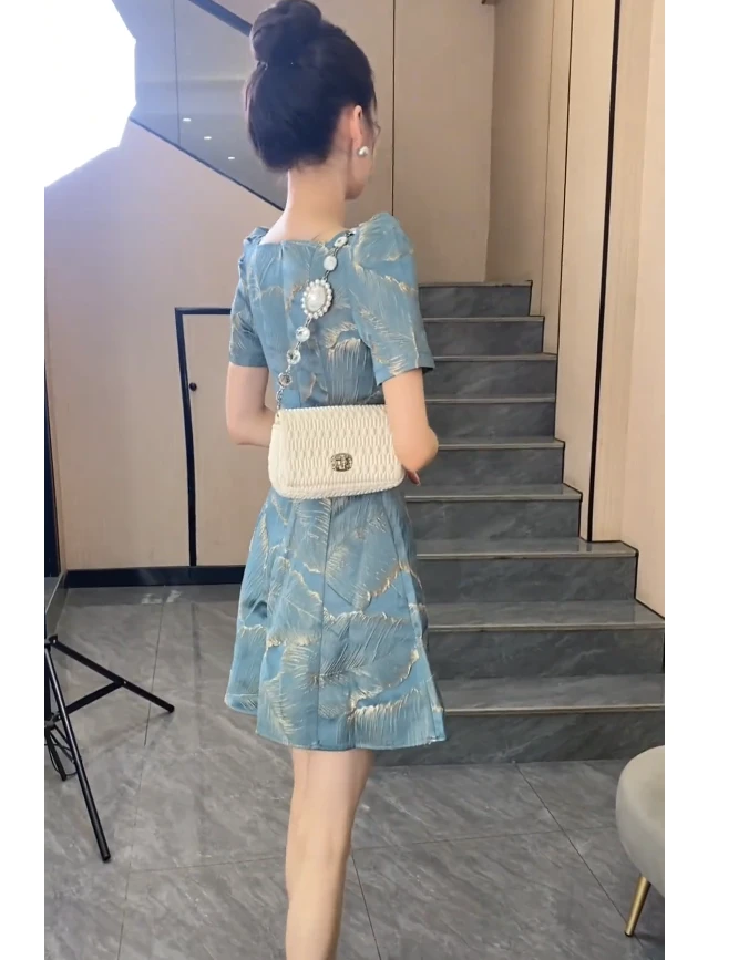 2025气质水蓝国风高雅显瘦百搭修身时尚夏季连衣裙