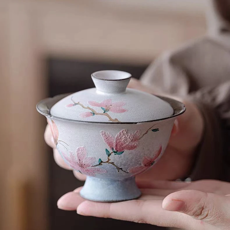 手绘玉兰娇二才盖碗茶杯高档女士专用泡茶带盖茶碗陶瓷茶具