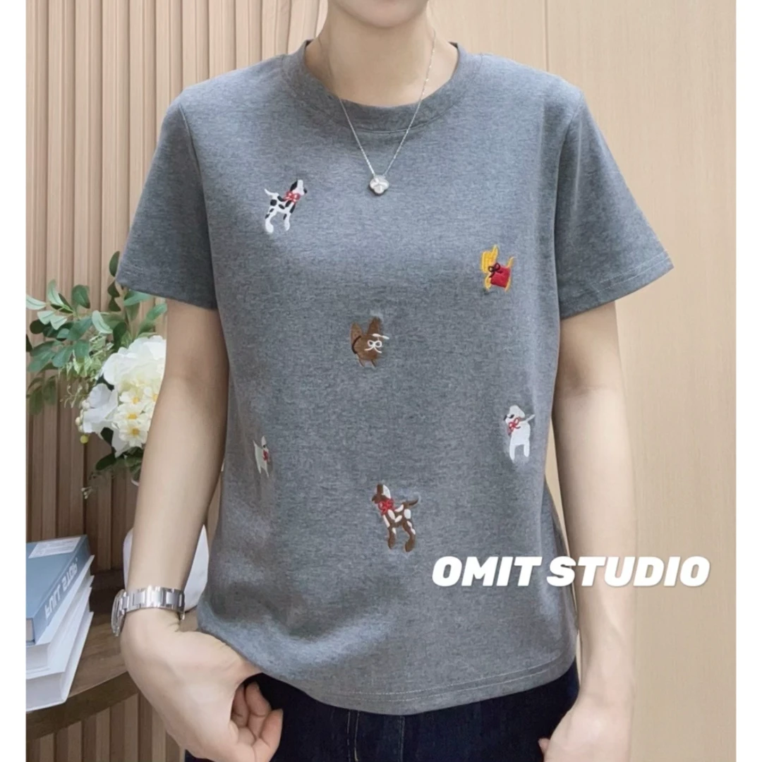 【卡通拼图】新款正肩刺绣工艺棉T弹力修身短袖