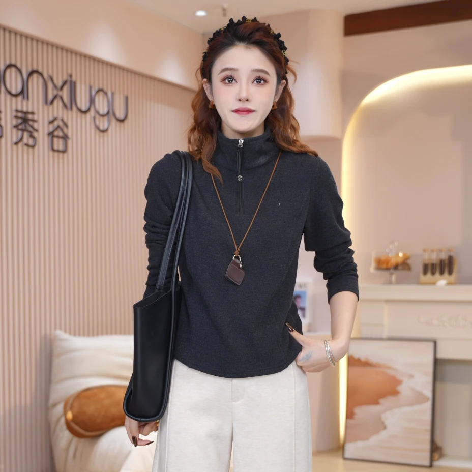 半拉链立领磨毛内搭打底衫女2025秋冬新款修身显瘦长袖上衣Y5610