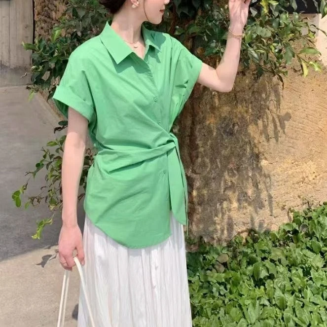 NICE圈圈、不规则收腰绑绳设计感纯色气质衬衫A558
