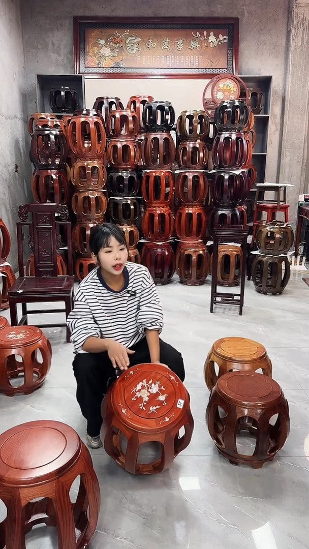 【闪购商品】花梨木类家具西非花梨色印花大号鼓凳一对