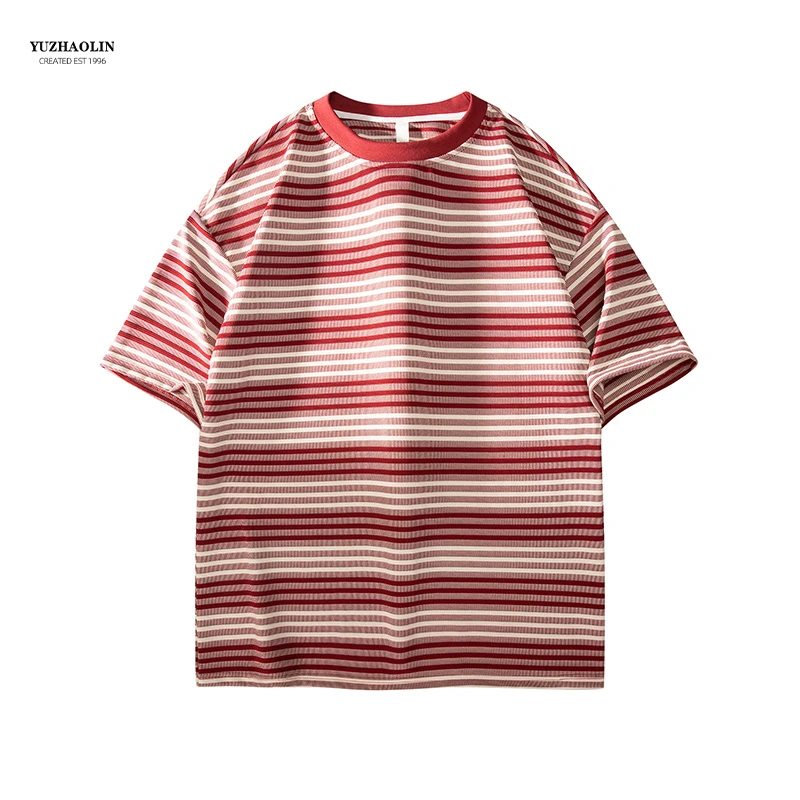 时尚夏季新款美式复古高街设计款青少年简约条纹宽松短袖T恤上衣