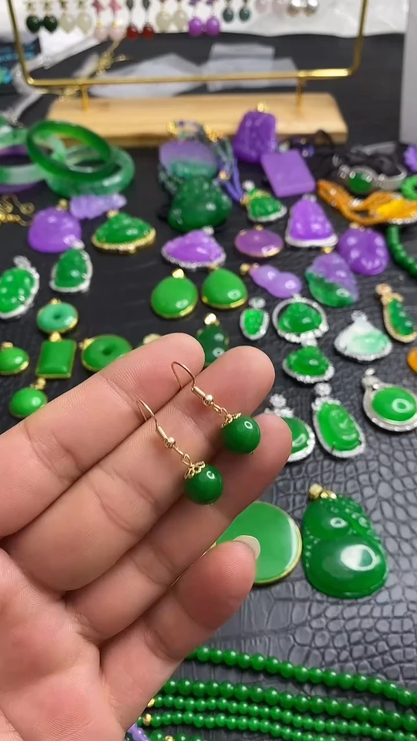 银S925镀金镶嵌翡翠耳饰S001