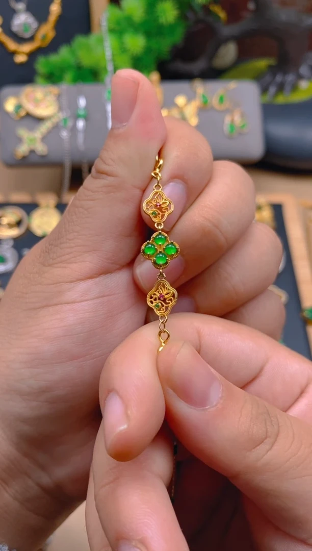 吊坠(不含链)银S925镶嵌翡翠四叶草延长链