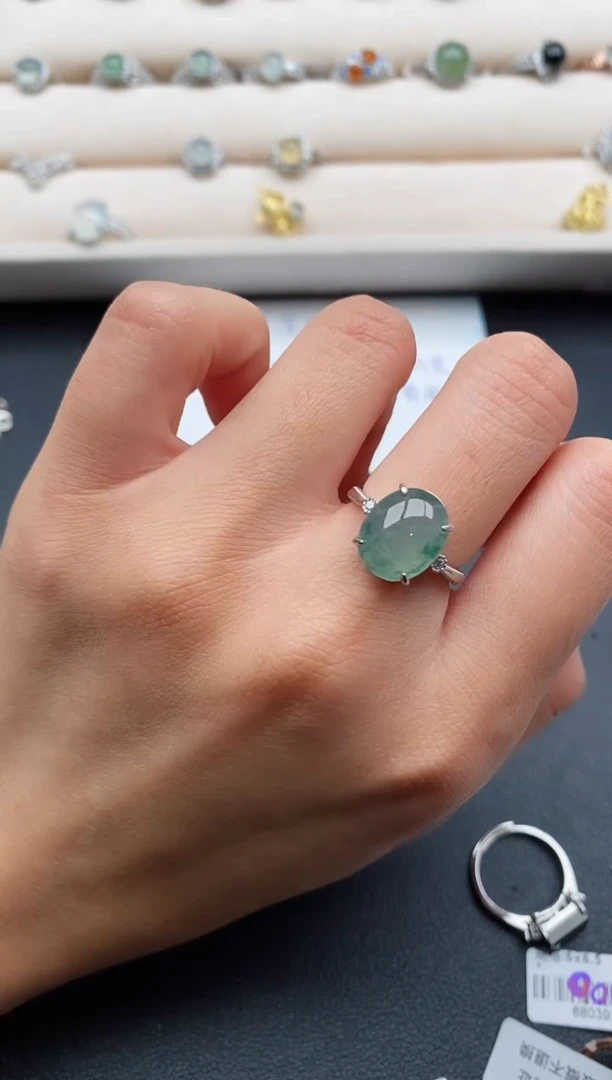 银S925镶嵌戒指翡翠缅甸天然A货翡翠44  5-10