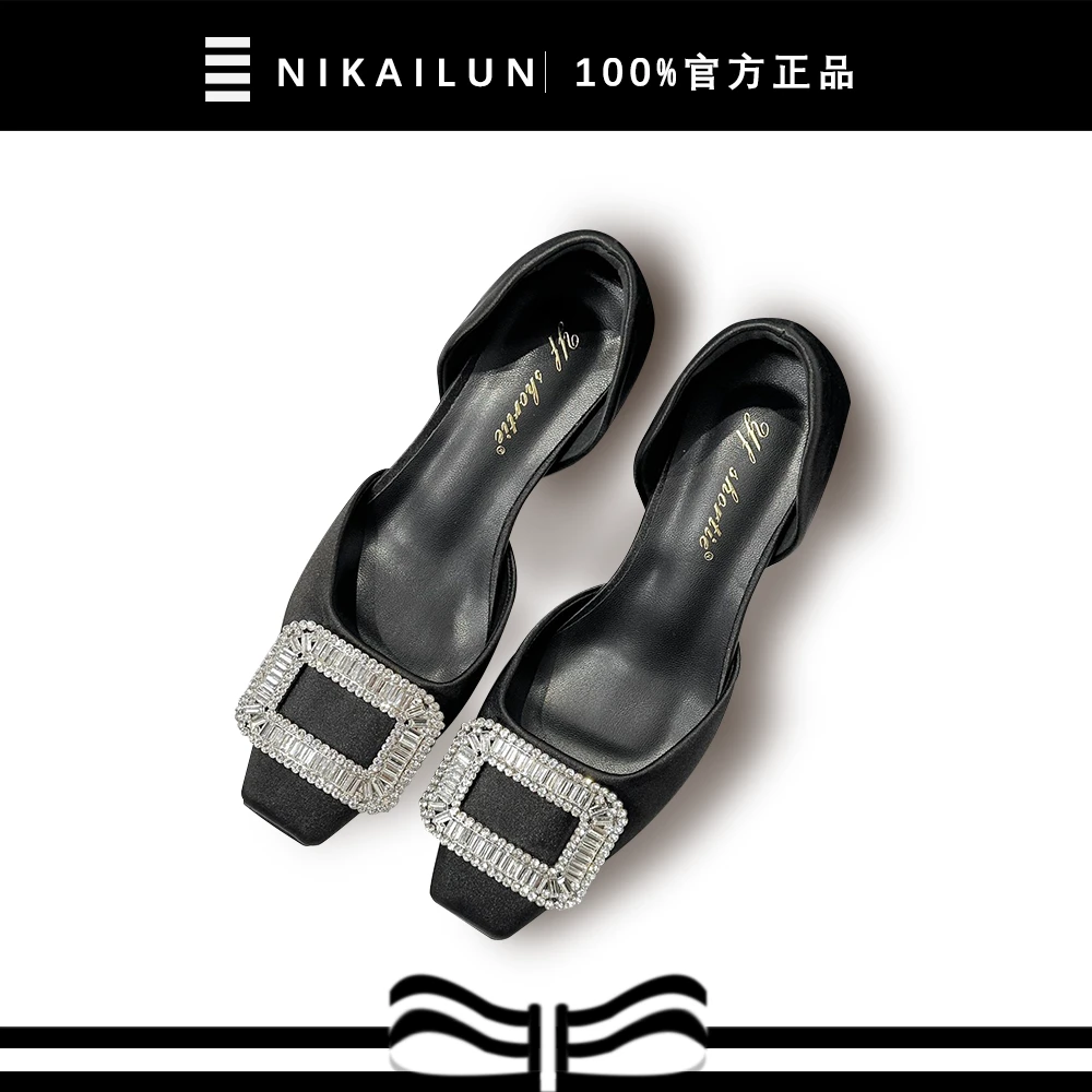 增高6cm雪花水钻扣浅口单鞋女2025夏季新款法式透气中空缎面凉鞋