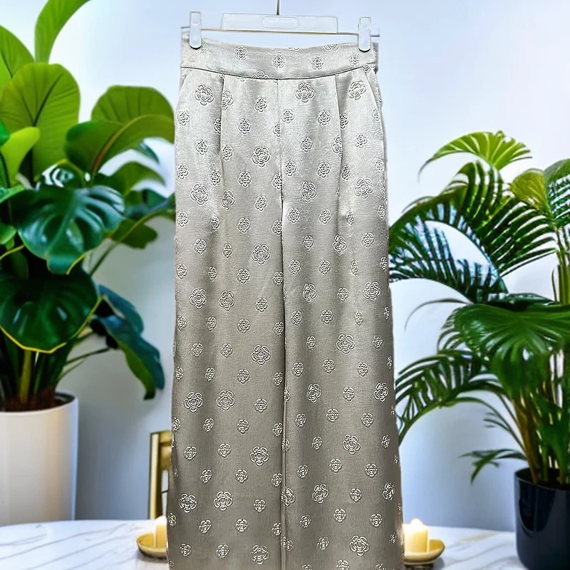 【 香云阁】2025新款时尚百搭新中式休闲直筒阔腿裤提花长款女士