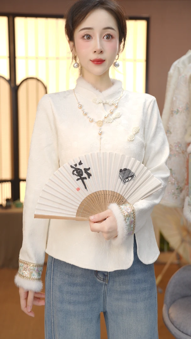 秋冬季新款中式提花精致百搭上衣拼接水貂毛FB2512211