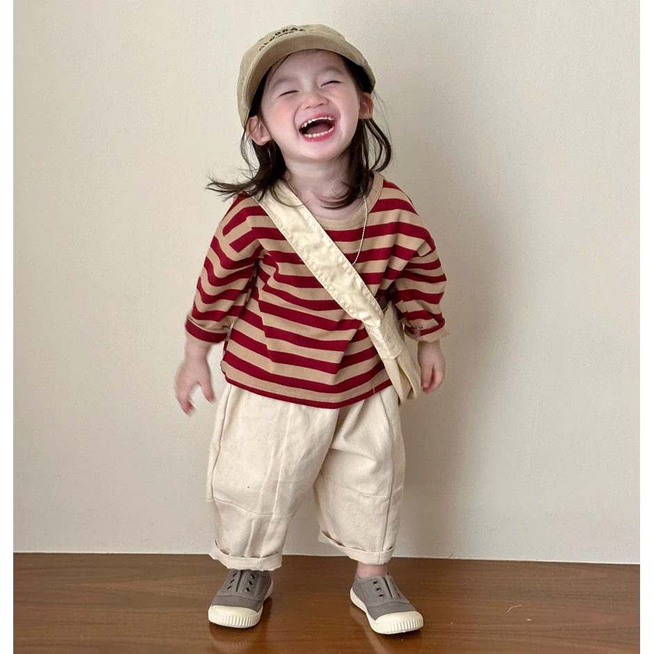 儿童休闲套装春装新款男女宝宝洋气条纹长袖T恤百搭萝卜裤两件套3