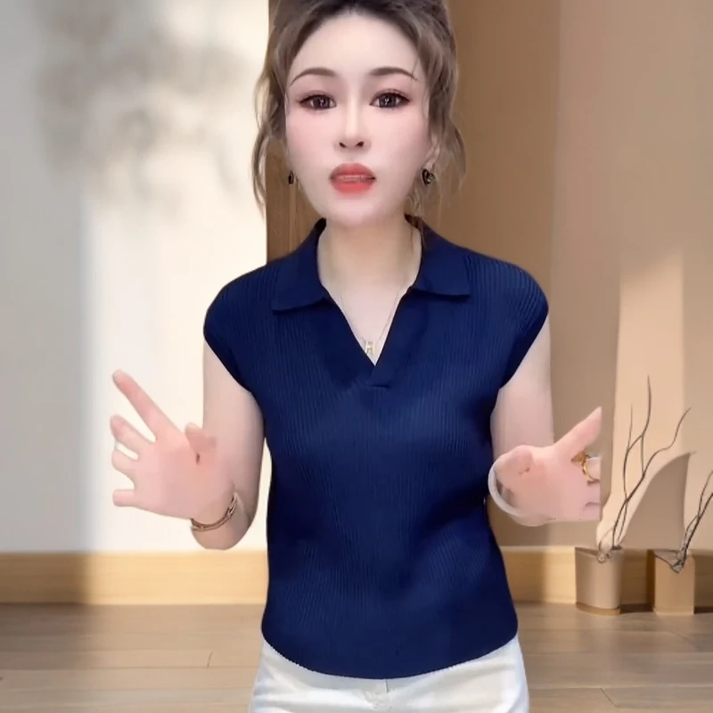 薄款冰丝针织衫女2025年夏季新款Polo领修身小众炸街毛衣女秋冬