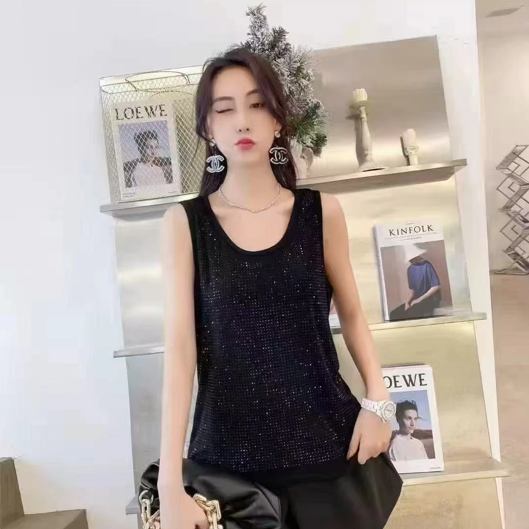 2025早秋新款时尚气质重工烫钻百搭显瘦背心网红黑色无袖内搭打底