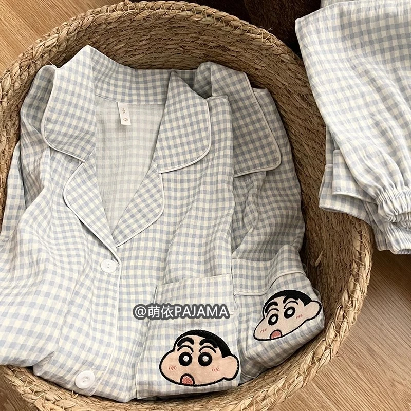 情侣睡衣男女夏季薄款日系卡通蜡笔小新短袖短裤长裤三件套家居服