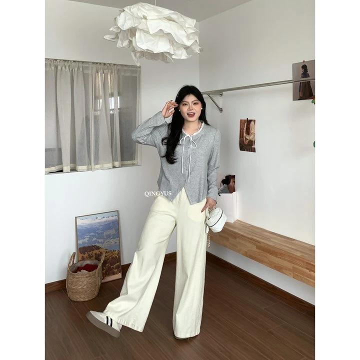 QINGYUS-抽绳花边ins风捏褶收腰开叉微胖显瘦遮肉上衣大码女装