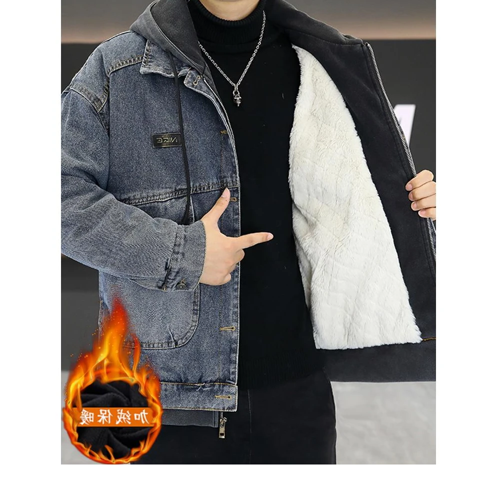 灏吉弧秋冬天加厚夹克男士连帽假两件套保暖棉衣冬牛仔棉夹克