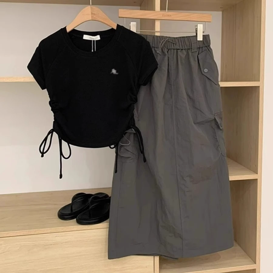 2025夏季新款韩系复古设计感抽绳短款T恤高腰拼接工装中长半身裙