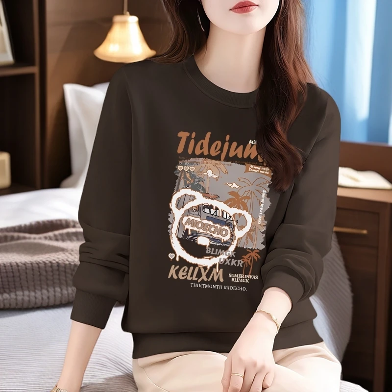 早秋休闲宽松时尚百搭圆领洋气正肩长袖上衣显瘦大码套头无帽卫衣