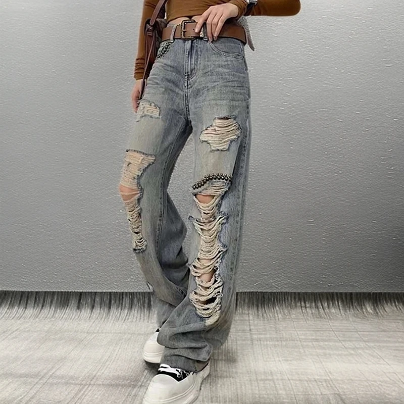 2025春季新款复古休闲个性钉珠破洞牛仔裤女显高显瘦阔脚拖地长裤
