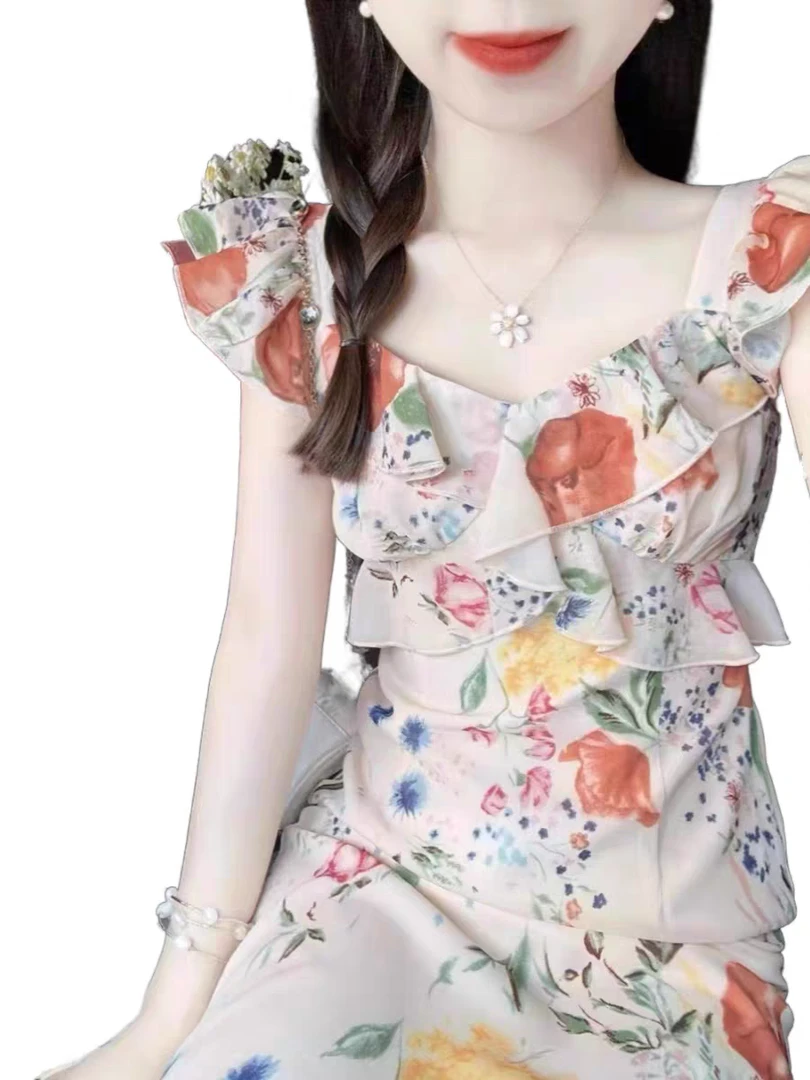大码胖MM法式甜美碎花吊带连衣裙小清新温柔减龄时尚显瘦度假裙子
